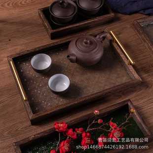 日系多用碳化桐木托盘长方形家用海棠花玻璃茶盘茶具收纳盘