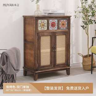 实木餐边柜家用藤编斗柜茶水柜 复古备餐柜客厅靠墙储物柜子新中式