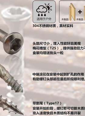 不锈钢304景观木螺丝M4 5 梅花槽割尾露台螺钉 wood screws