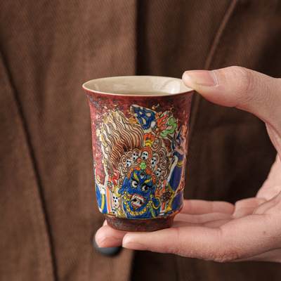 茶杯家用草木灰唐卡手绘大黑天闻香杯功夫品茗杯陶瓷主人杯泡茶具