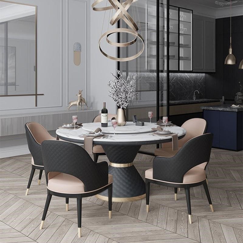 轻奢大理石圆形餐桌椅组合北欧圆桌带转盘后现代北欧简约家用桌子