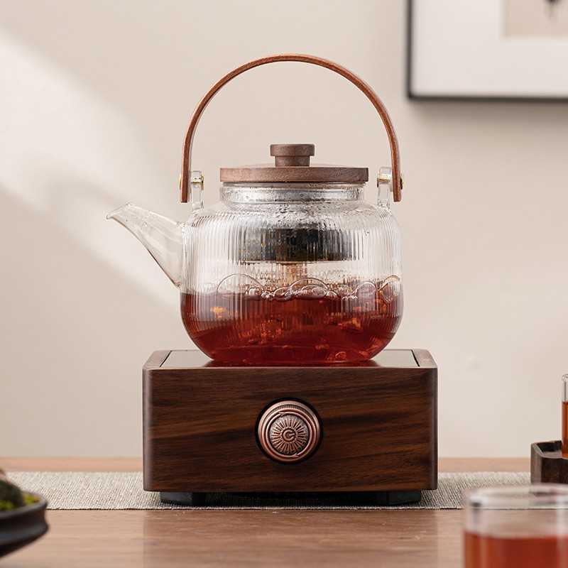胡桃木电陶炉煮茶器小型电热煮茶炉玻璃烧水壶蒸汽白茶泡茶壶套装