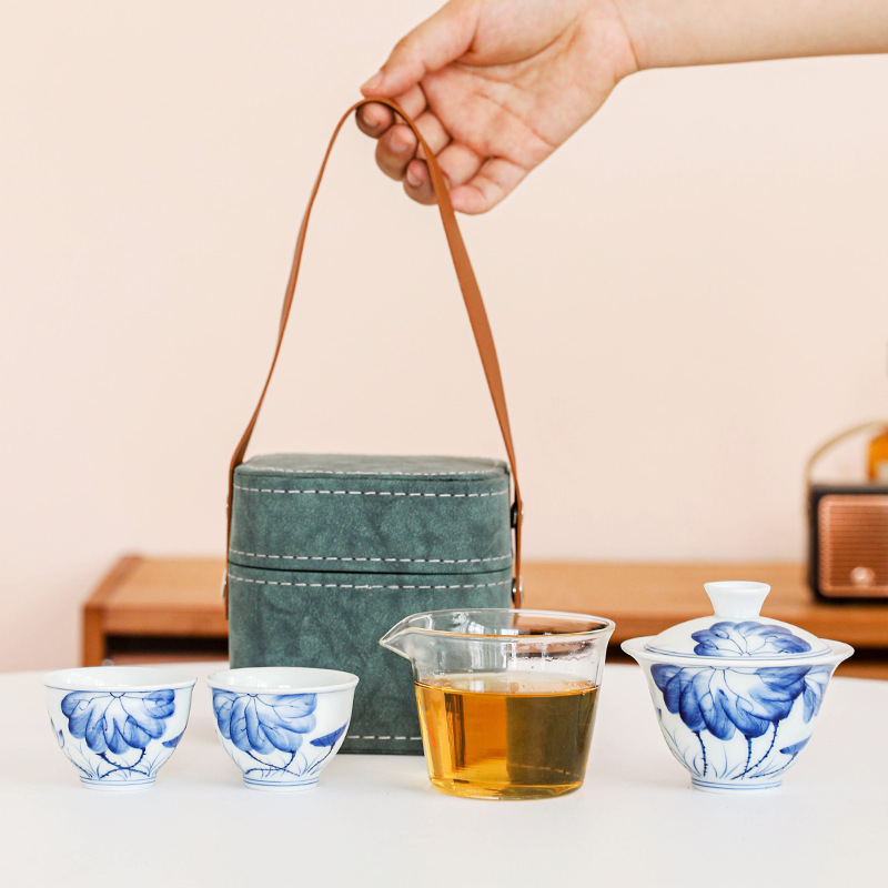 手绘白瓷旅行茶具套装便携式快客杯收纳袋一壶两杯户外盖碗茶杯竹