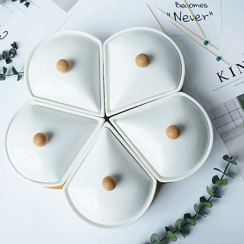 陶瓷带盖组合干果盘白色坚果分格陶瓷收纳盘 家居摆饰