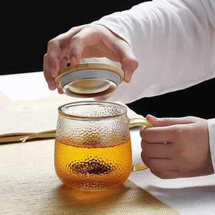 直销家用锤目纹玻璃杯木盖玻璃泡茶杯带过滤茶水分离杯耐热办 新款