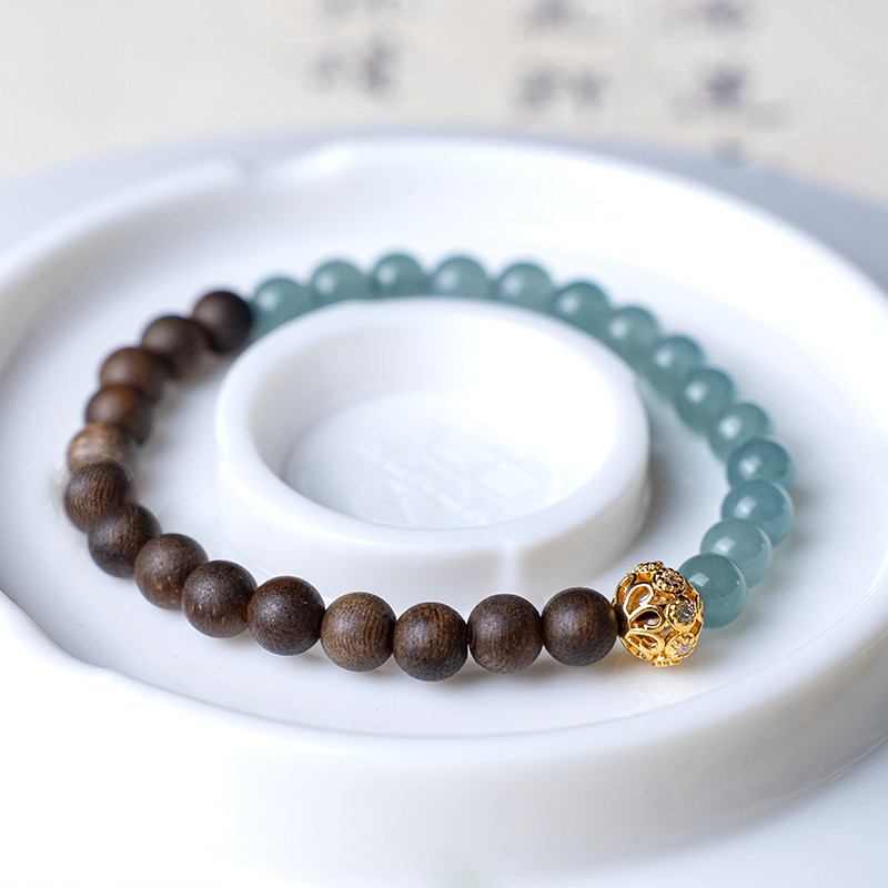 半山半水手串天然蓝水翡翠奇楠沉香手链纯银转运珠新中式国风念珠