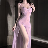 情趣内衣带钢圈性感透视网纱诱惑露背聚拢小胸约会战袍吊带睡衣裙