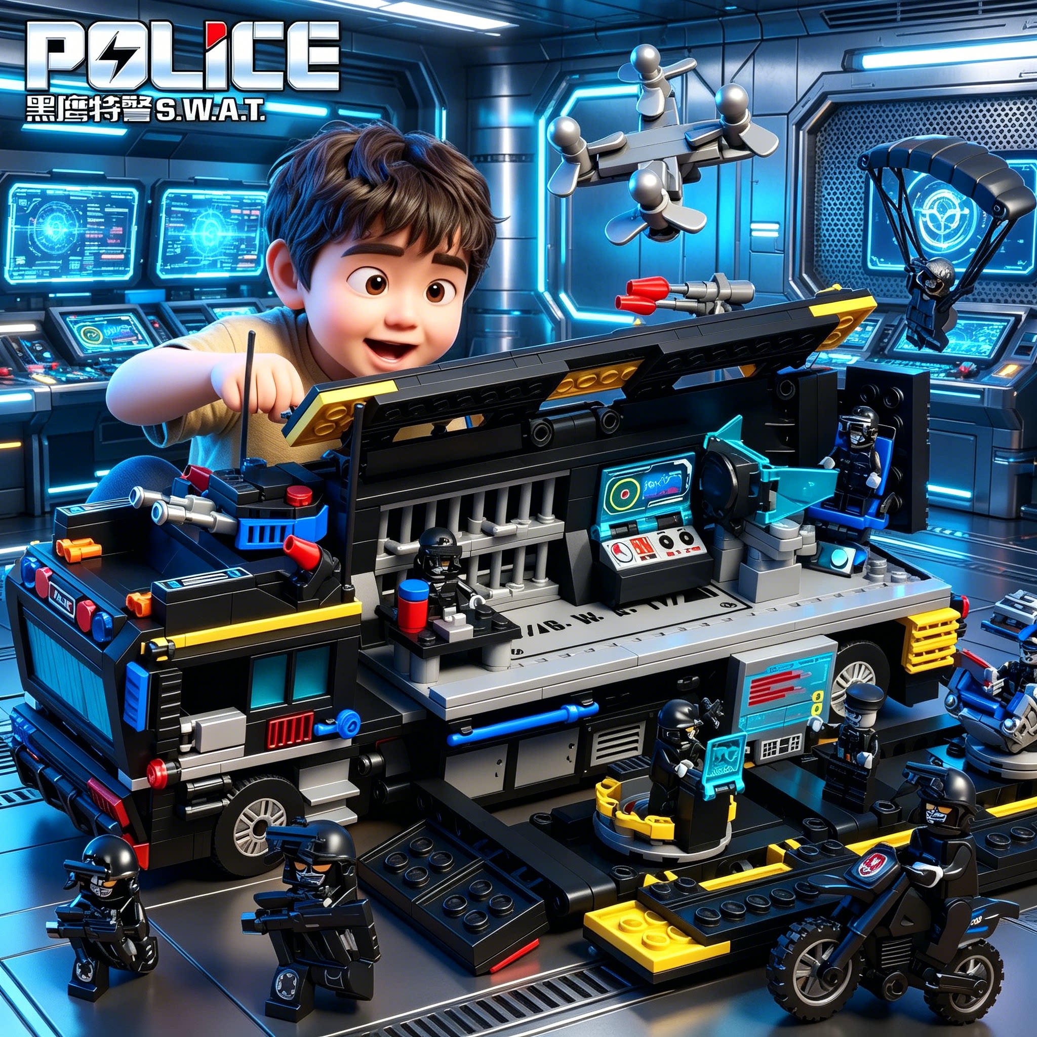 法国2026新款大型特警察指挥车积木坦克拼装儿童玩具男孩生日礼物