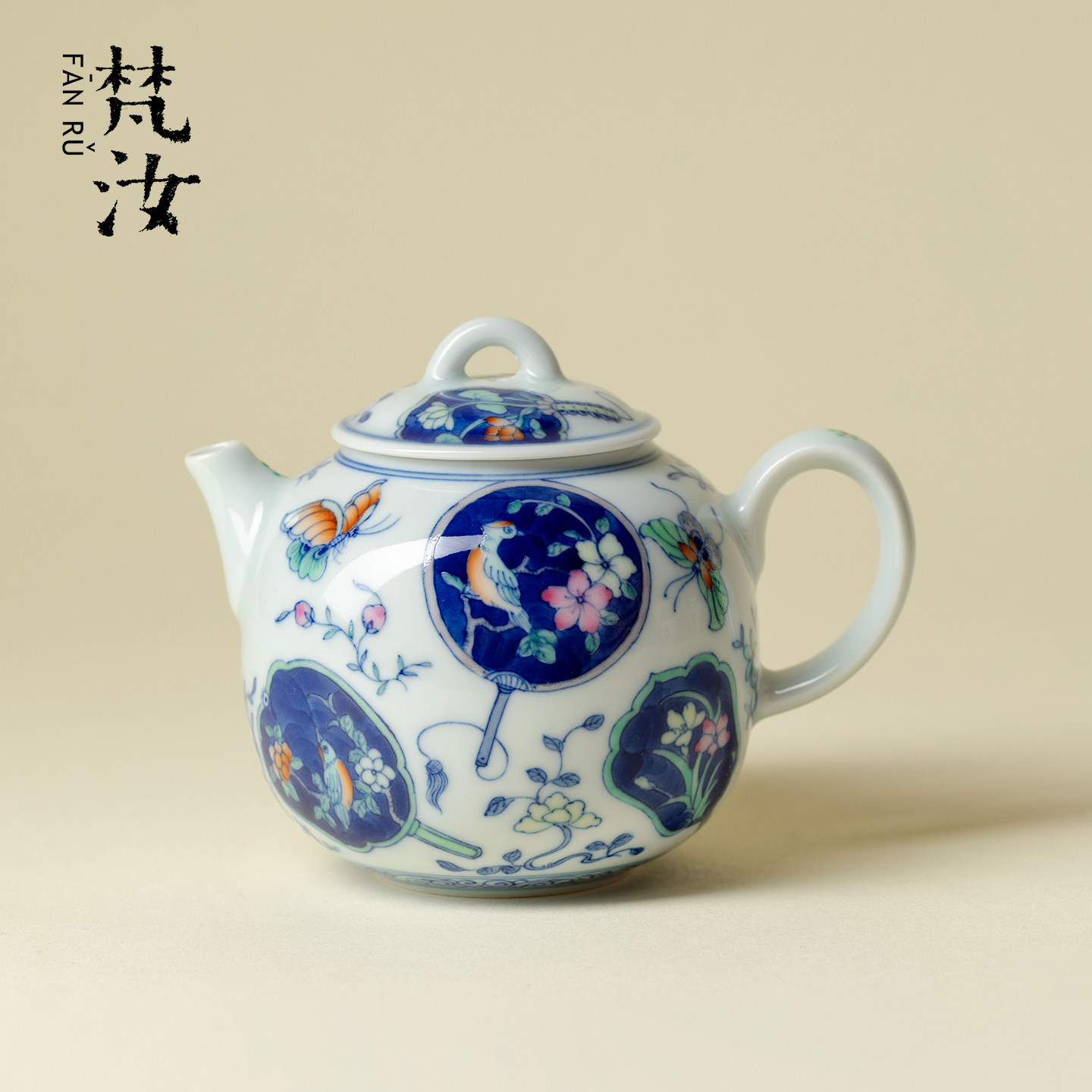 卓君青花手绘团扇花鸟茶壶景德镇手工陶瓷手执壶高端斗彩茶具单壶