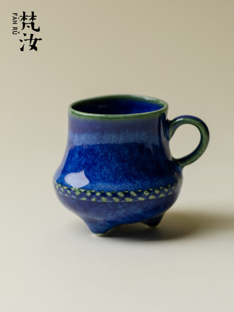 梵汝原矿洒蓝釉三足小茶杯精致手工品茗杯轻奢高端功夫茶具主人杯