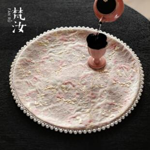 禅意双面垫子圆形桌布垫带珍珠桌旗 梵汝宋锦缎粉色干泡茶席新中式