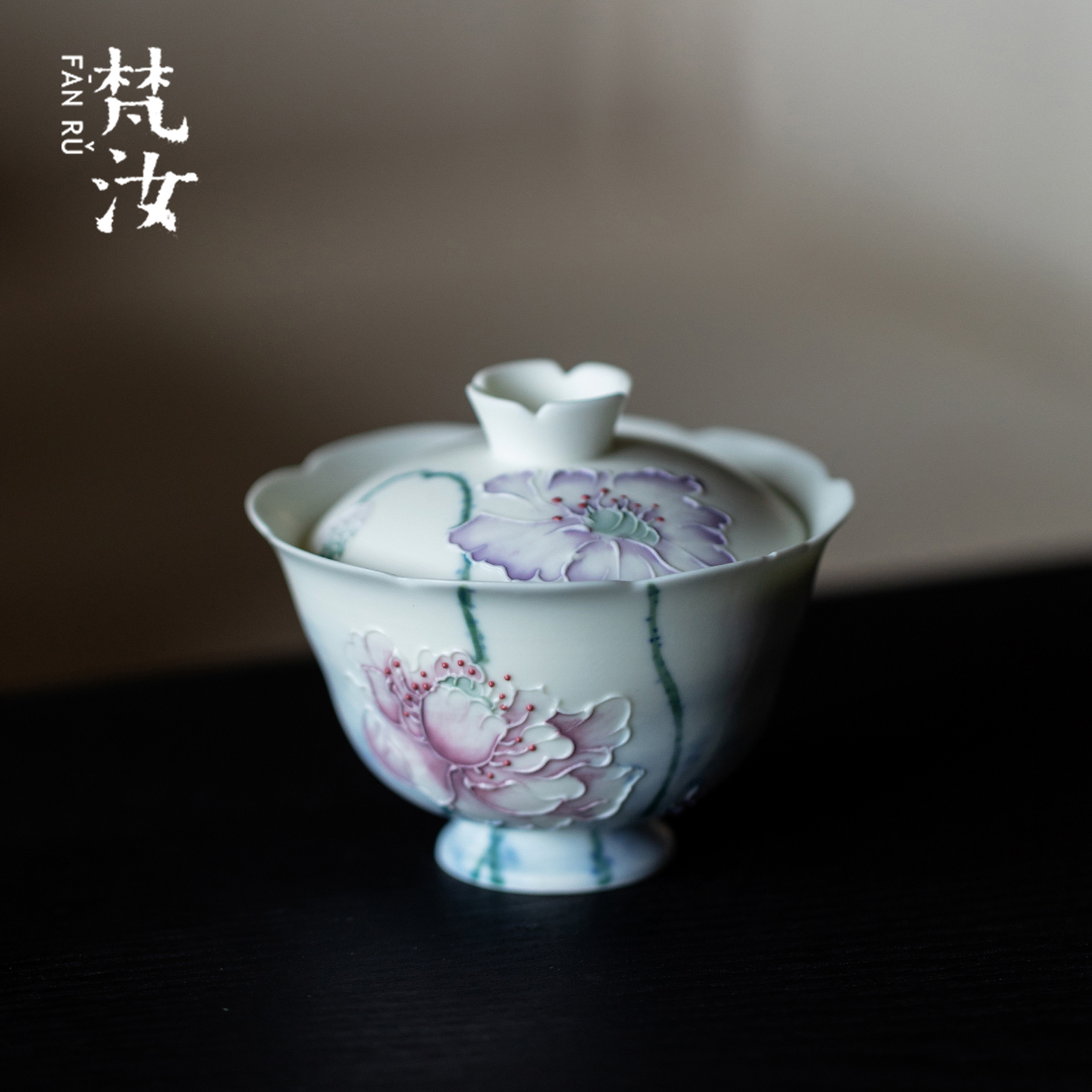 梵汝有田烧粉彩手绘釉下虞美人景德镇手工花口盖碗泡茶碗创意茶具