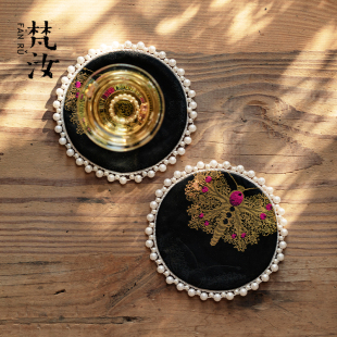 梵汝轻奢手工带珍珠边茶杯垫子功夫茶具壶垫子高端黑色蝴蝶茶桌垫