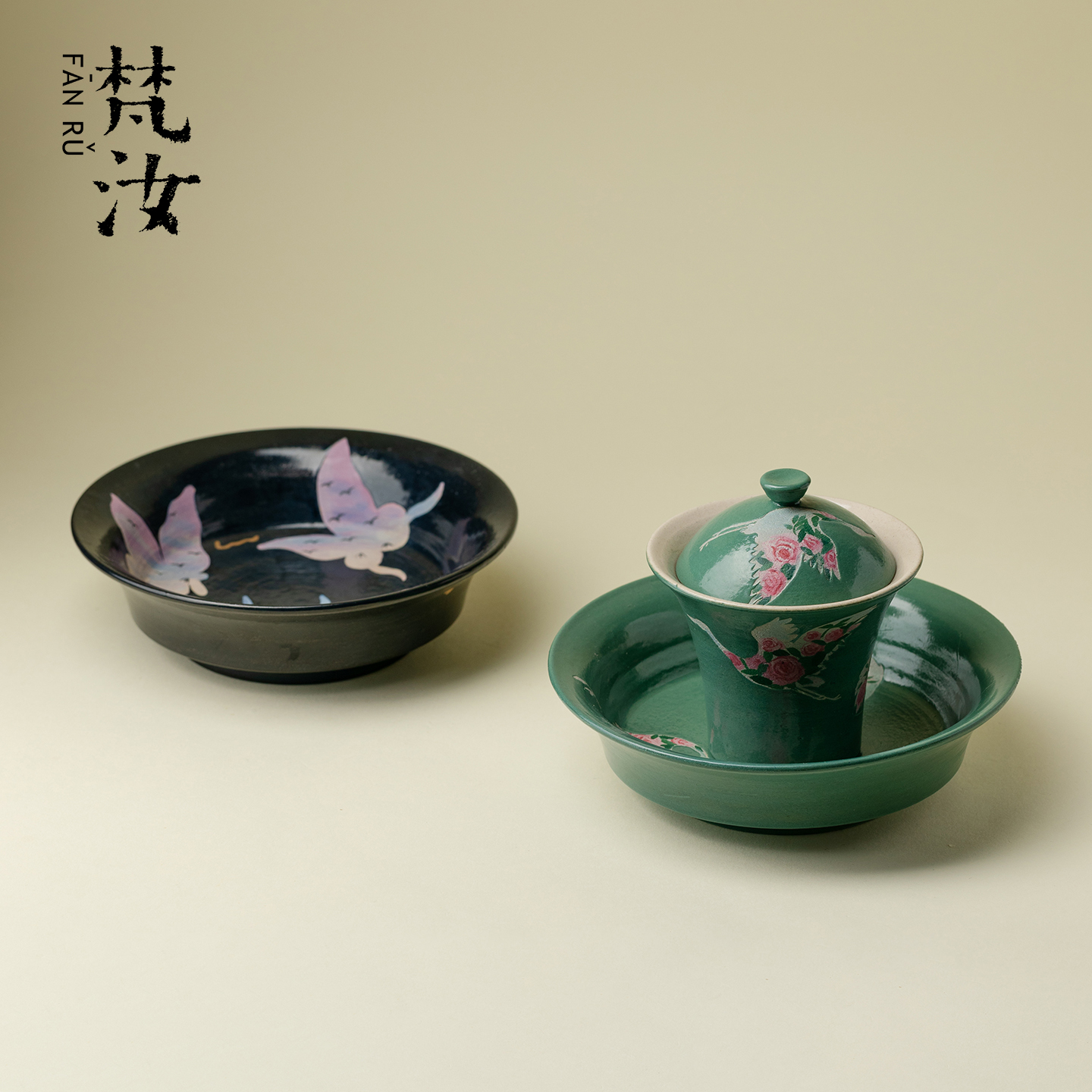 山几由大漆手绘油画风仙鹤盖碗壶承景德镇创意手工功夫茶具干泡盘