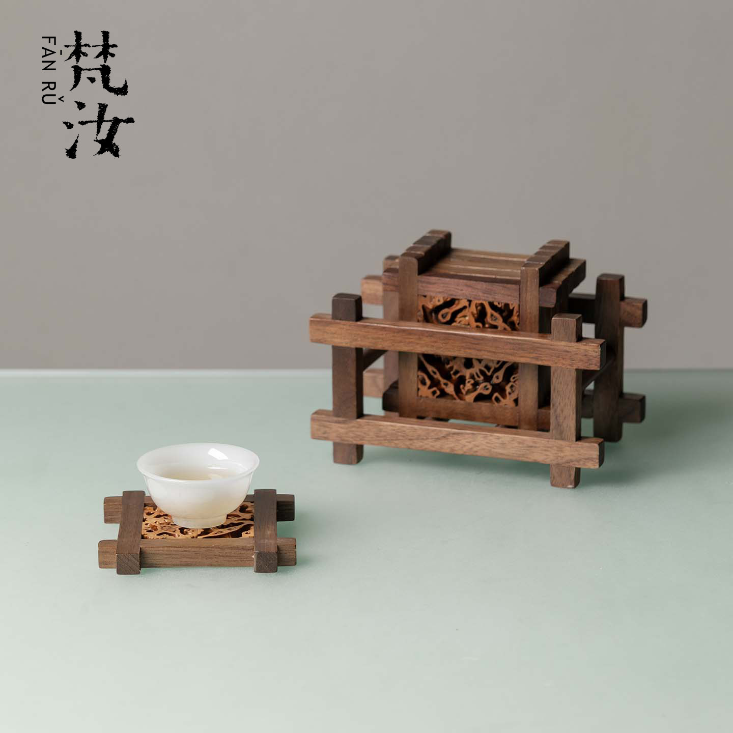 梵汝黑胡桃木茶杯垫实木高级感茶托云韵井字形隔热茶承功夫茶配件