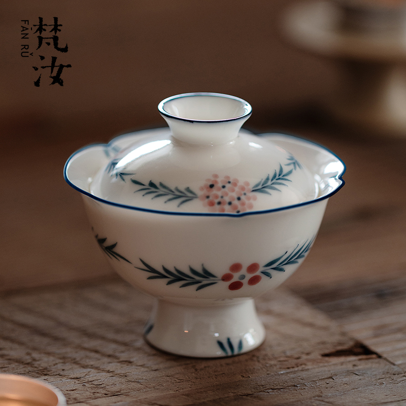 梵汝 景德镇创意手绘团花盖碗家用高档功夫茶具薄胎不烫手泡茶碗