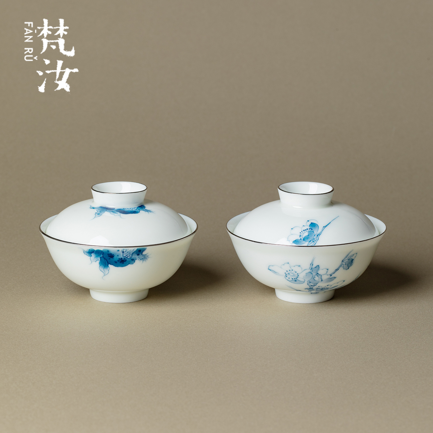 梵汝 青花手绘超薄胎盖碗主人杯高端玉瓷功夫茶具泡茶沏茶碗茶杯