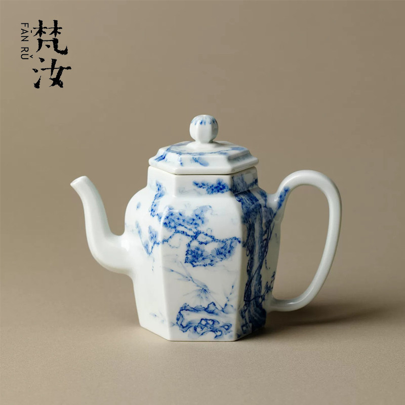 青堂造物景德镇青花手绘六方茶壶