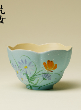 梵汝手绘花涧枯荷主人杯创意手工花口杯功夫茶具品茗杯小清新茶杯