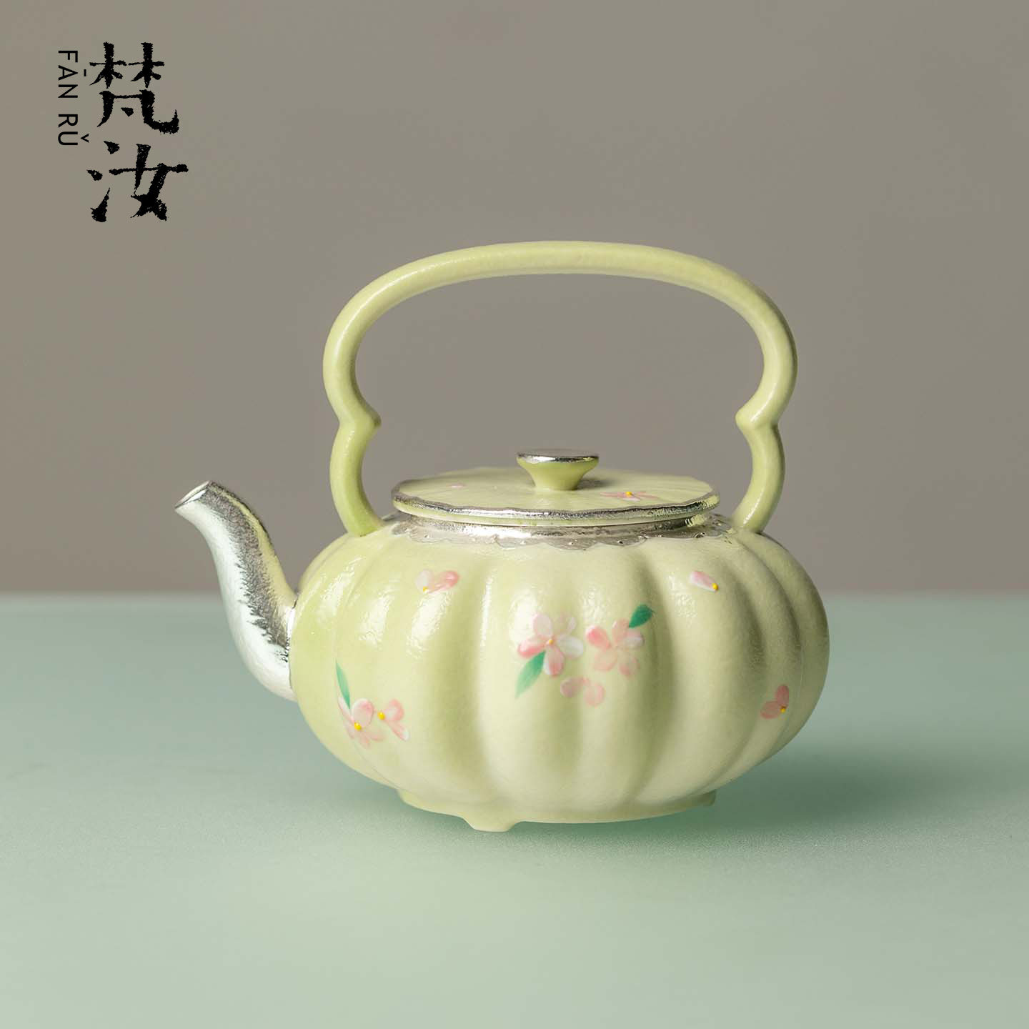 梵汝纯手绘花间春桃南瓜提梁壶手工鎏银陶瓷泡茶壶新中式茶具单壶