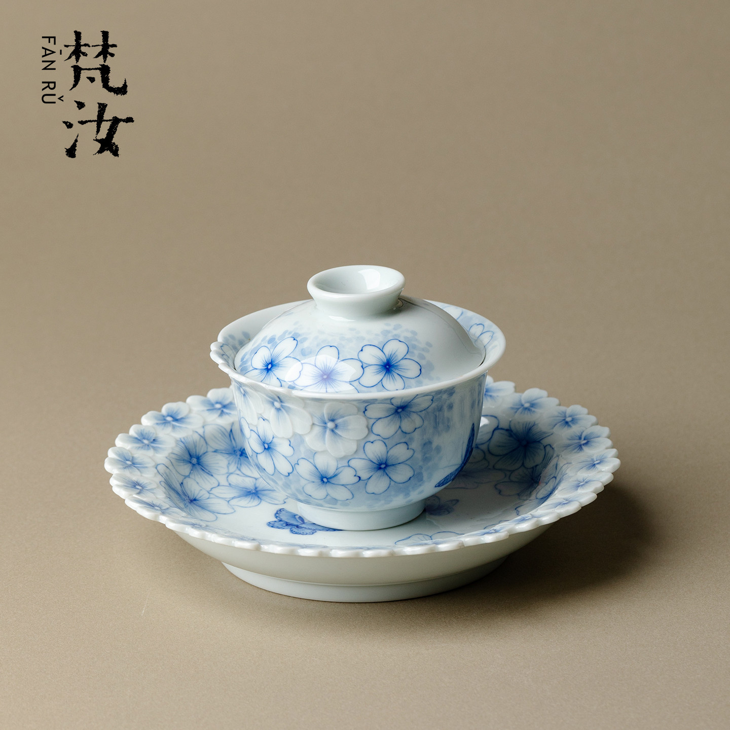 青堂造物 景德镇青花手绘樱花盖碗壶壶承陶瓷手工雕刻干泡盘茶具