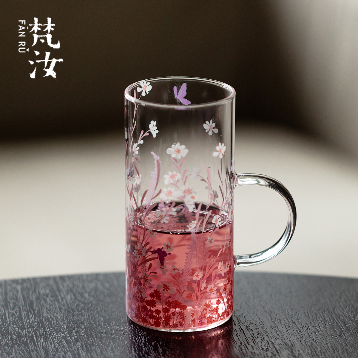 梵汝粉屿高颜值女士高硼硅耐热玻璃水杯原创精致马克杯带把绿茶杯