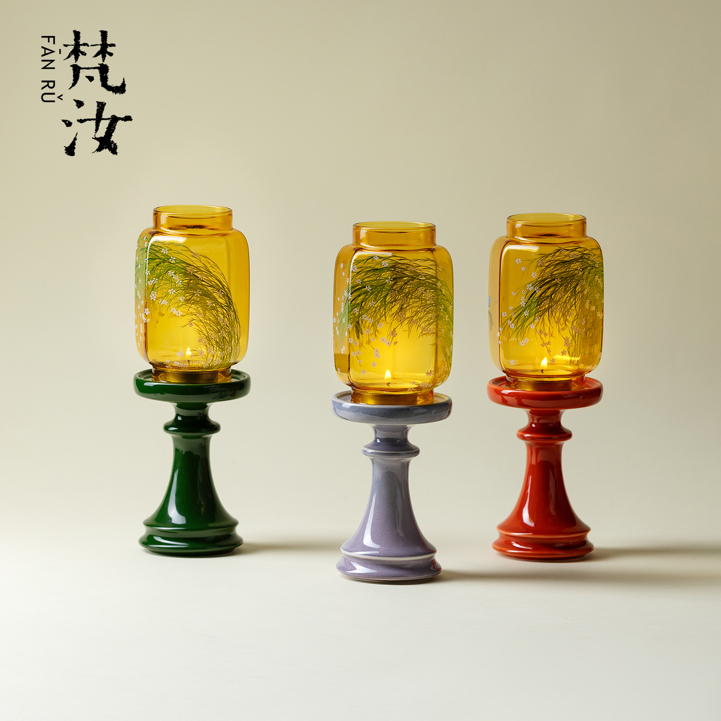 梵汝 故宫红明清烛台玻璃手绘新中式摆件蜡烛烛台茶室氛围灯古风