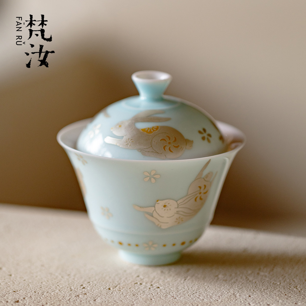 梵汝 错金银彩玉兔二才盖碗景德镇高端陶瓷薄胎不烫手泡茶碗茶具图片