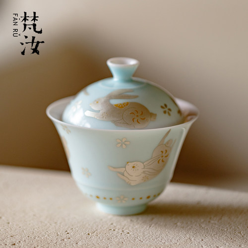 梵汝 错金银彩玉兔二才盖碗景德镇高端陶瓷薄胎不烫手泡茶碗茶具