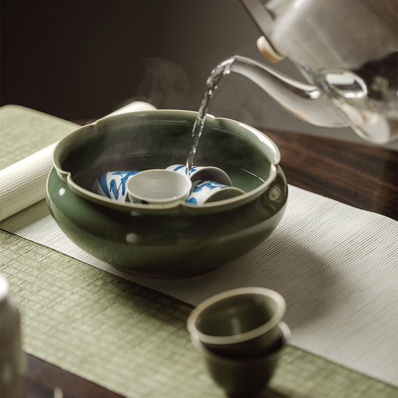 梵汝 越窑青瓷墨言花口大茶洗功夫茶具杯洗建水干泡水盂茶道配件