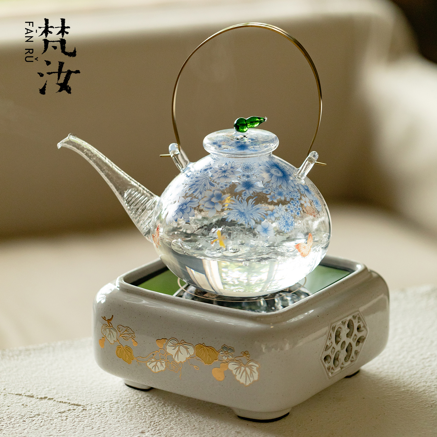 梵汝高端电陶炉煮茶烧水壶套组高颜值整套耐高温玻璃提梁壶煮茶器