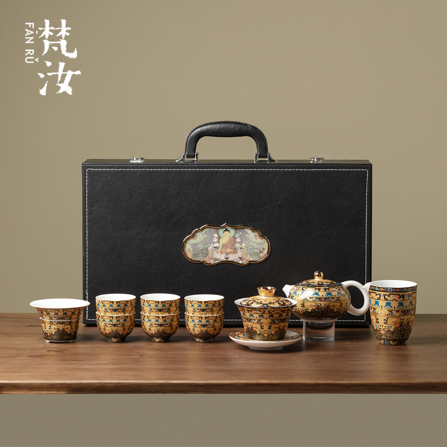 梵汝非遗唐卡整套功夫茶具套装陶瓷家用茶壶盖碗高档商务乔迁礼品