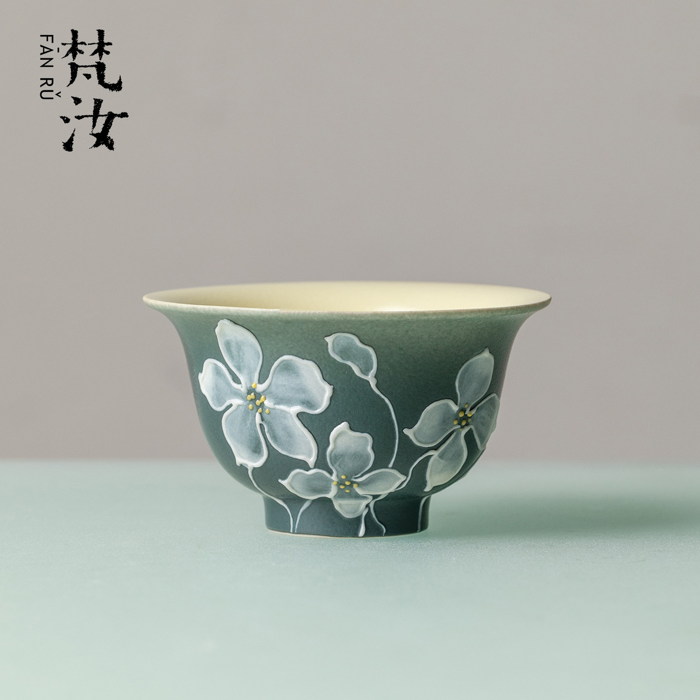 梵汝 手绘四照花茶杯陶瓷功夫茶具主人杯高档精致家用茶盏压手杯