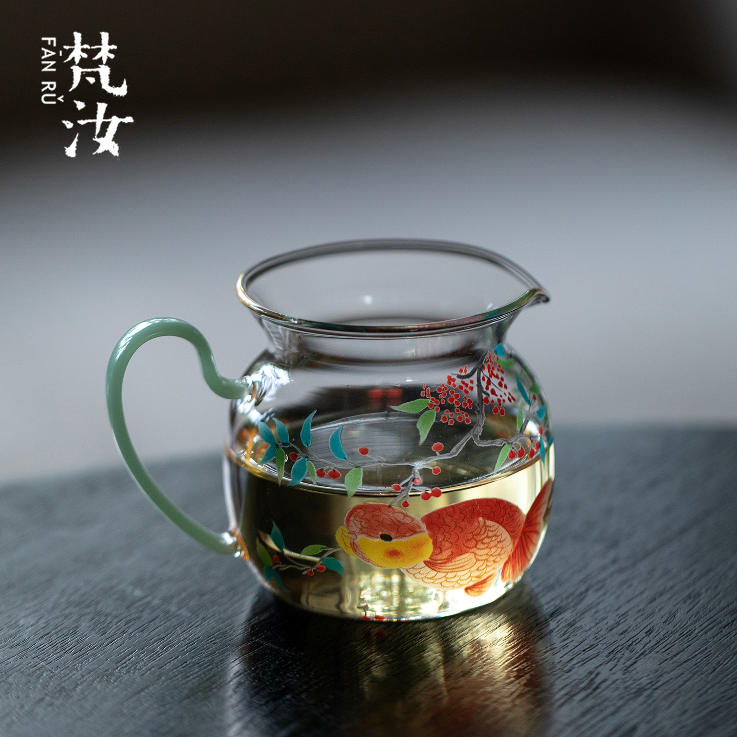 梵汝粉彩玻璃胖头鱼带把公道杯创意不烫手茶海功夫茶具分茶器茶具
