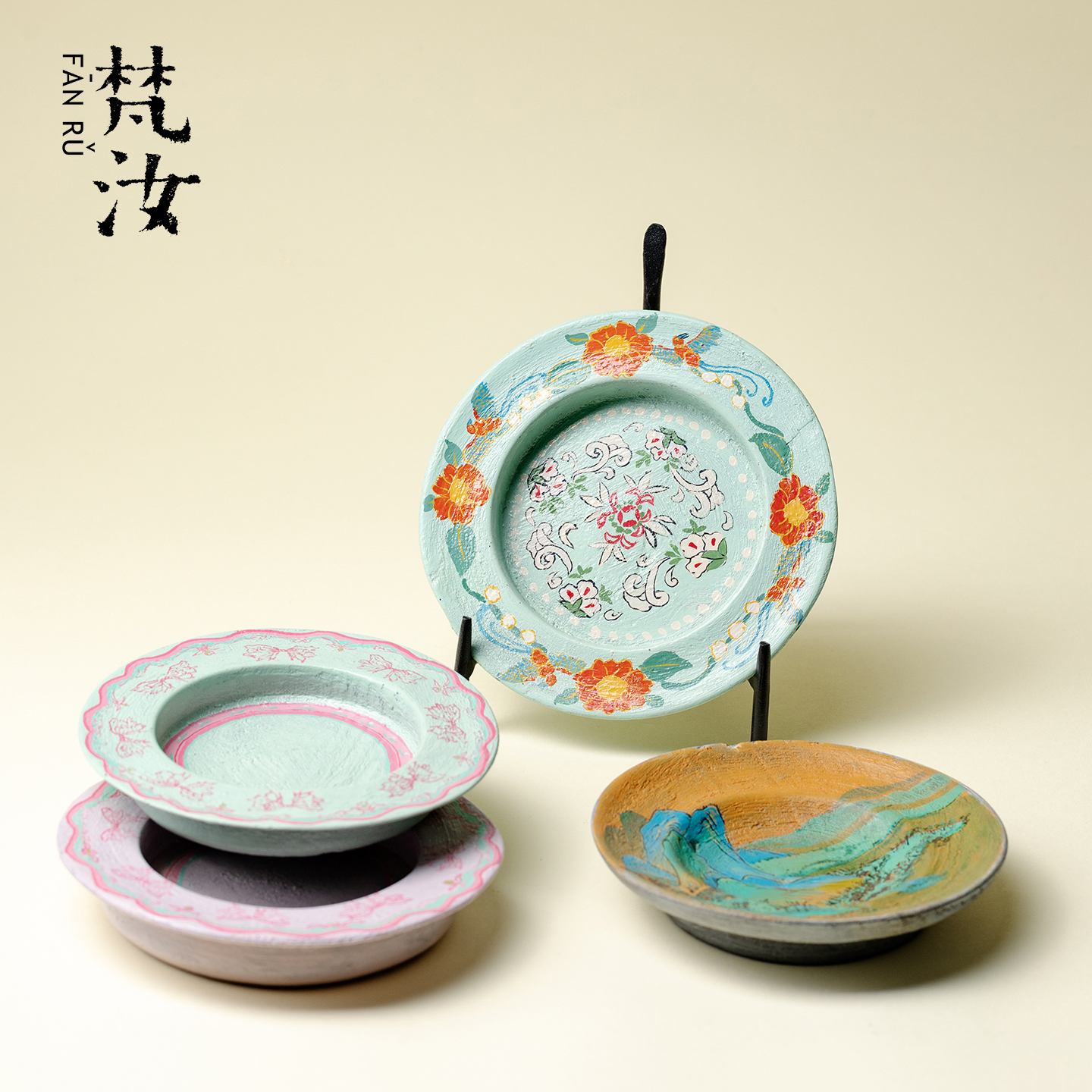 山几由大漆莳绘干泡茶盘景德镇小众复古陶瓷壶承创意手绘茶台茶具