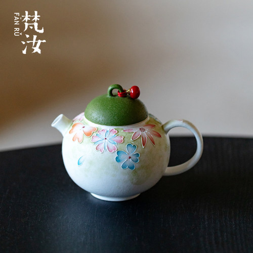 梵汝手绘花屿圆肚壶创意手工陶瓷茶壶中国传统色绿色功夫茶具单壶