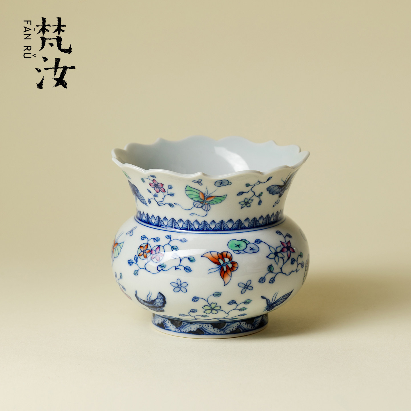 卓君青花手绘蝴蝶戏花干泡建水景德镇手工陶瓷茶废水盂茶渣缸茶道