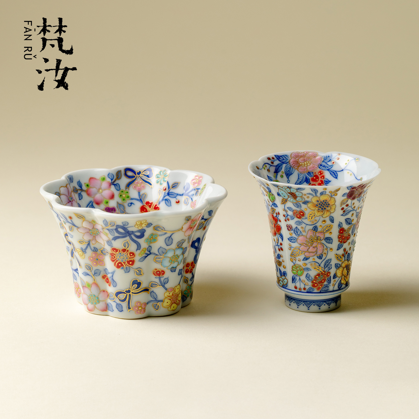 灵玺贡坊 重工手绘青花瓷珐琅彩蝴蝶结茶杯景德镇高端陶瓷主人杯