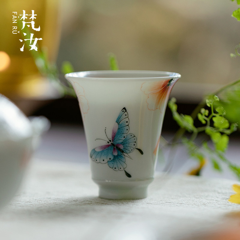 梵汝 景德镇粉彩手绘蝶舞茶杯全手工高端瓷器品茗杯闻香杯主人杯