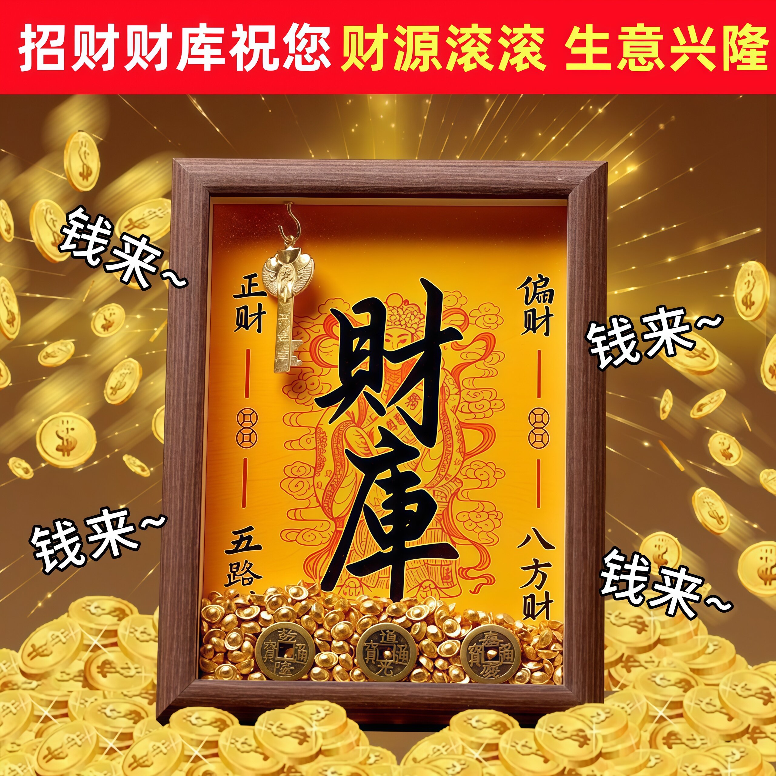 黄财神爷开财补库相框摆件招财小元宝钱到家聚宝盆金钥匙发财摆台