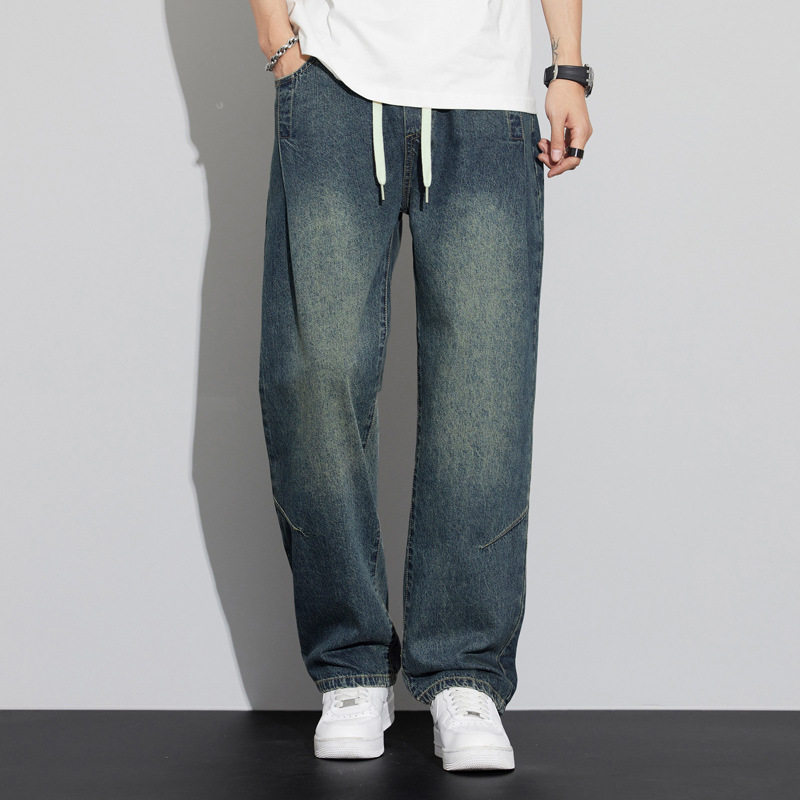 高端牛仔裤男款宽松直筒美式高街蓝色牛仔裤男生秋款潮牌复古长裤