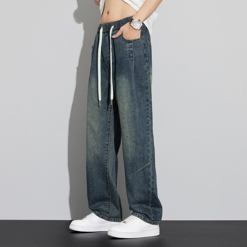 高端牛仔裤男款宽松直筒美式高街蓝色牛仔裤男生秋款潮牌复古长裤