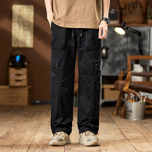 # 美式纯棉阔腿直筒工装裤 - 四色黑色深灰色卡其色绿色新款长裤