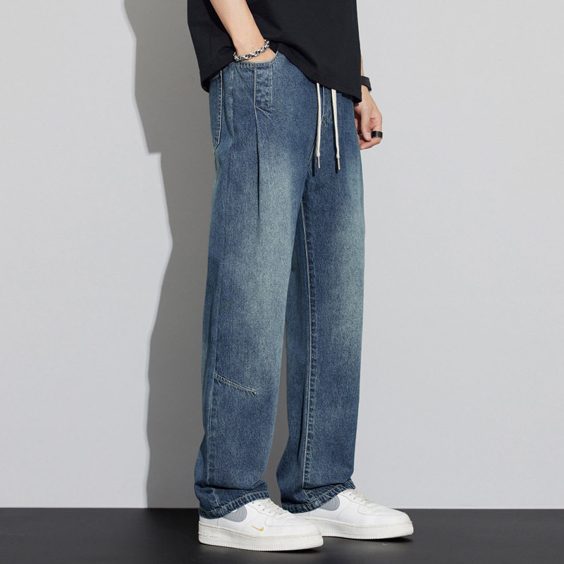 高端牛仔裤男款宽松直筒美式高街蓝色牛仔裤男生秋款潮牌复古长裤