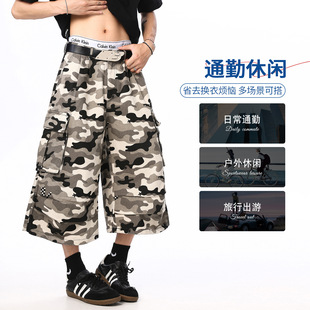 美式复古迷彩工装牛仔短裤男女款潮牌宽松直筒休闲夏季新款七分裤
