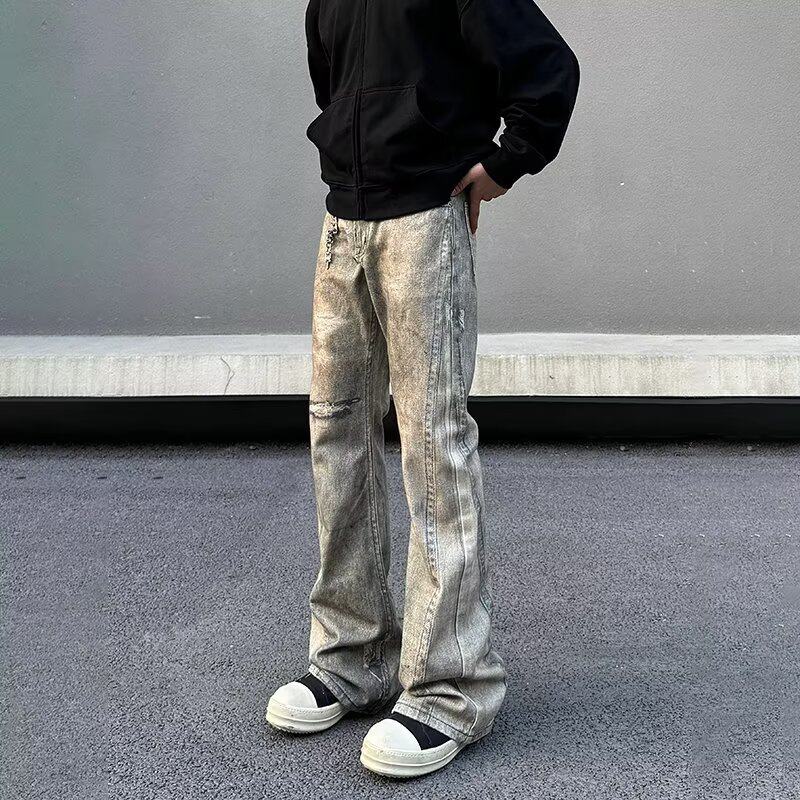 美式微喇牛仔裤男秋季2025新款痞帅修身直筒裤子复古阔腿高街