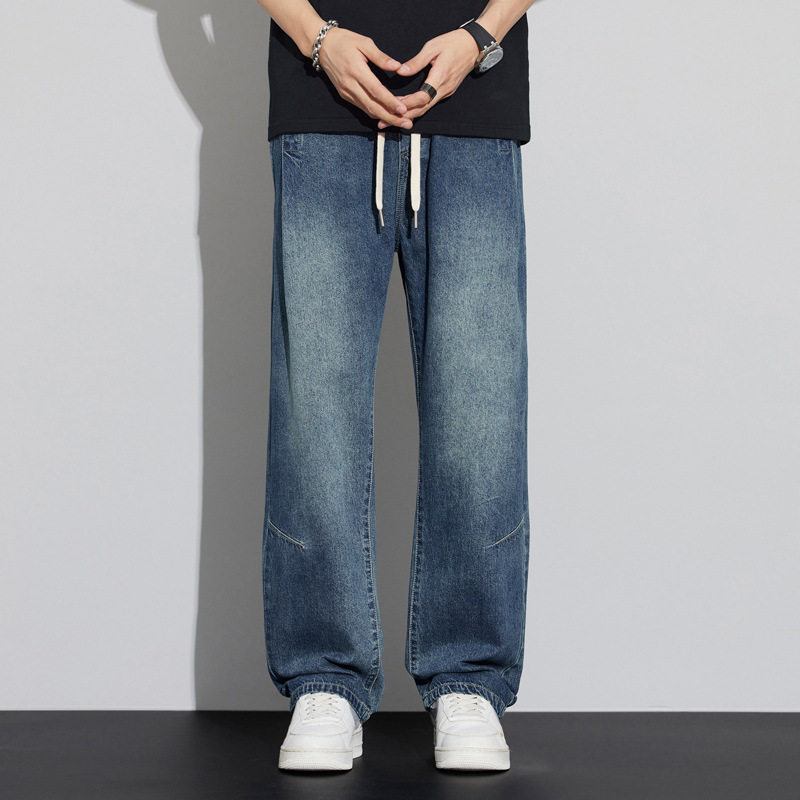 高端牛仔裤男款宽松直筒美式高街蓝色牛仔裤男生秋款潮牌复古长裤