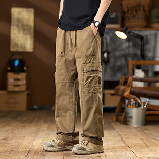 # 美式纯棉阔腿直筒工装裤 - 四色黑色深灰色卡其色绿色新款长裤