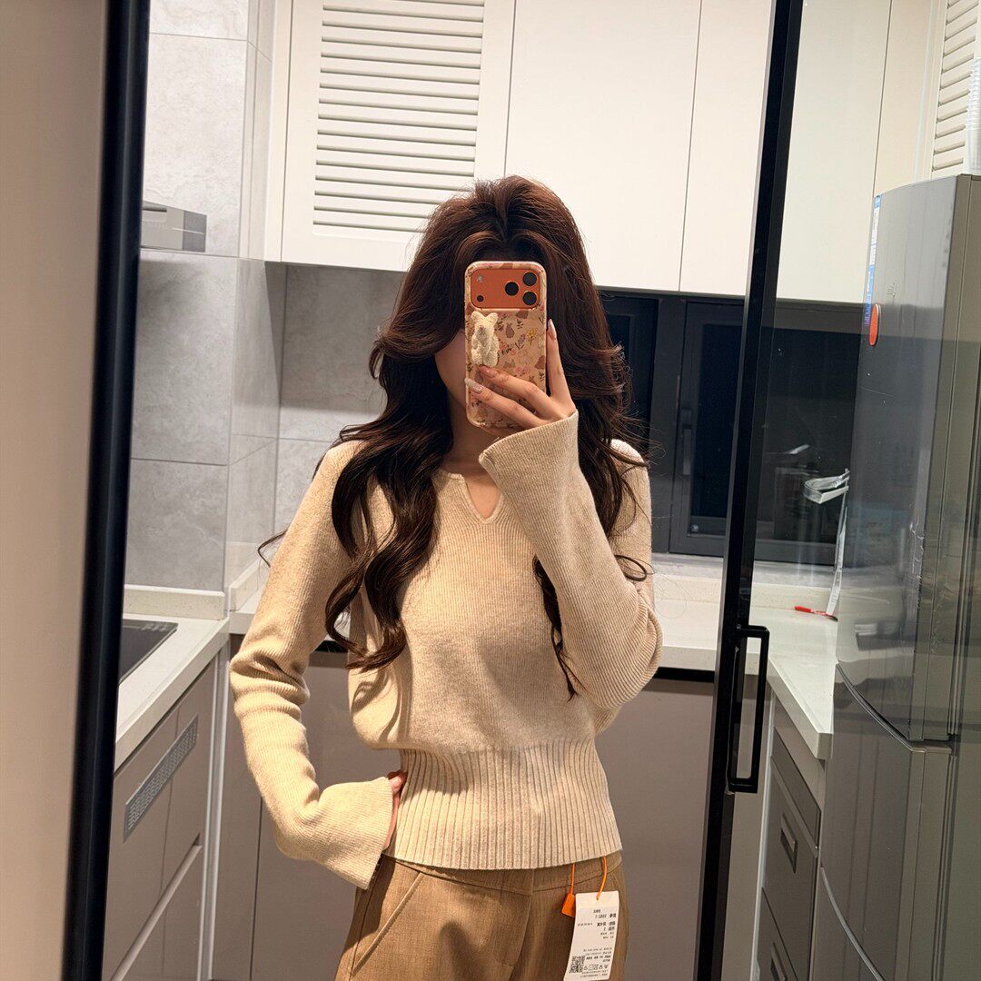秋季韩版简约V领气质修身基础百搭针织衫长袖毛衣女打底