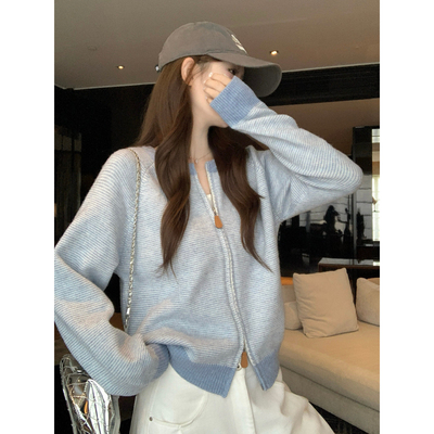早秋撞色条纹圆领毛衣女外套独特漂亮宽松可外穿长袖针织开衫上衣